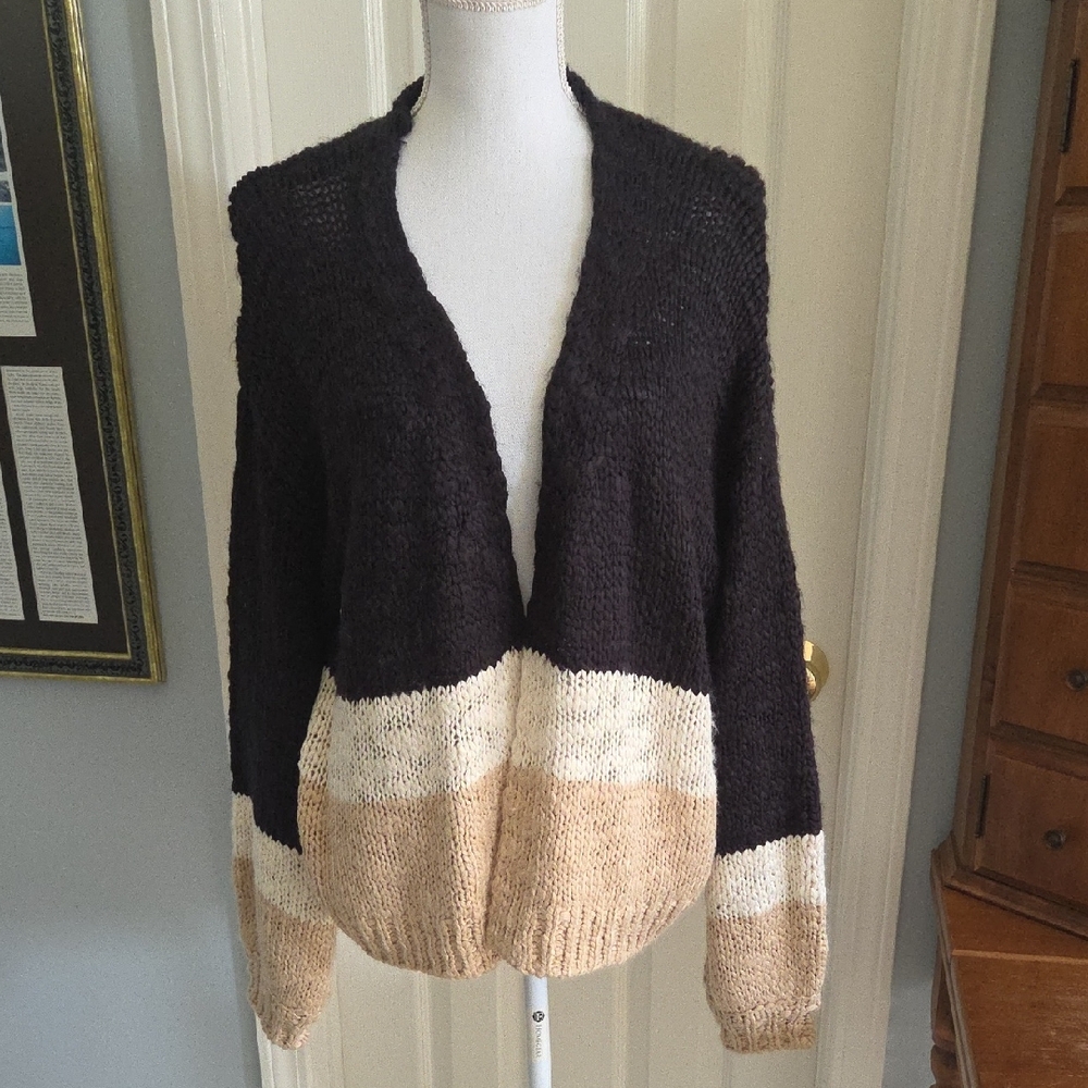 Forever 21 Black, Cream & Tan Open-Front Colorblock Cardigan